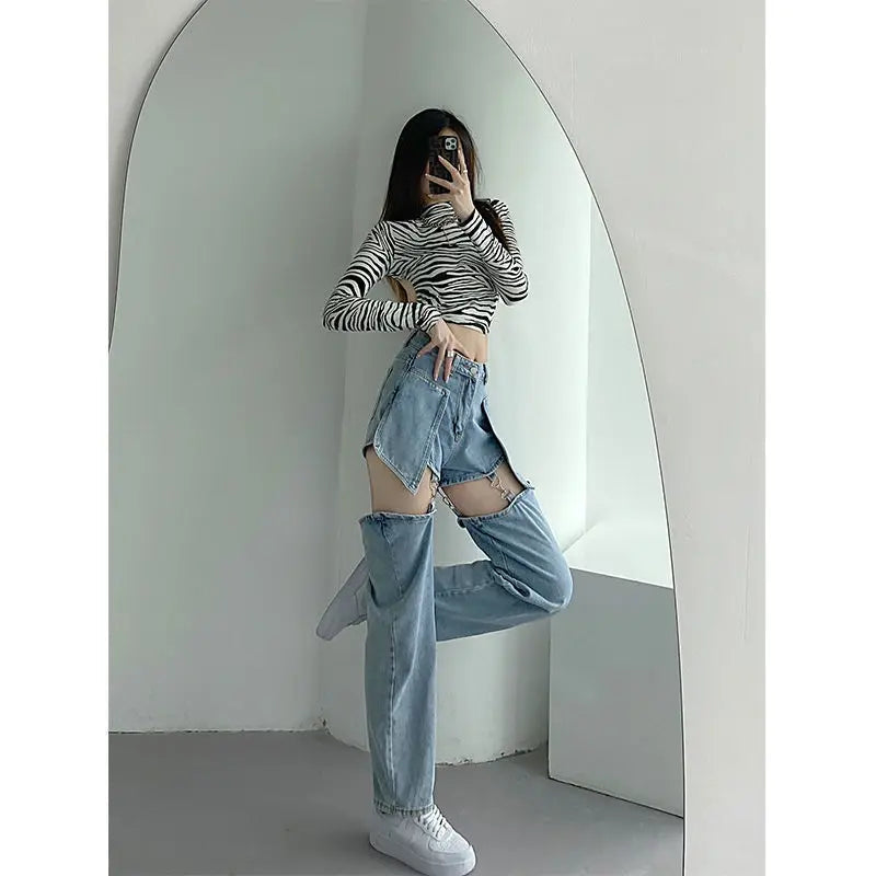 Denim Pant Women Jeans Wide Leg Long Pants Hole Two Fakes High Waist Straight Trousers Y2k Streetwear Elegant Work Summer Aviola