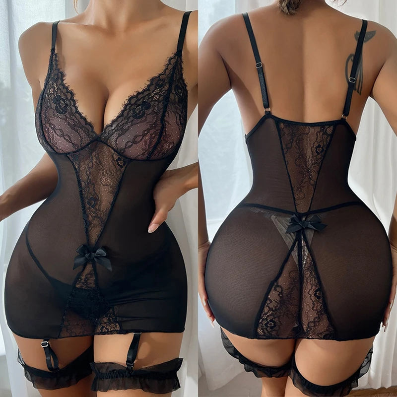 Sexy Crotchless Lingerie Plus Size Nighties Women Lace Perspective Pajamas Set Erotic Nightdress With Garters Mesh Pajama Sets Aviola