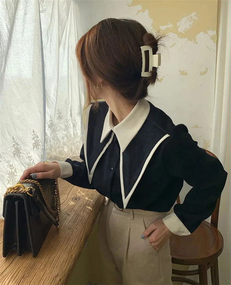 MEXZT Vintage Elegant Shirts Women Chiffon Patchwork Ruffle Turn Down Collar Long Sleeve Blouse Korean Office Lady Loose Tops Aviola