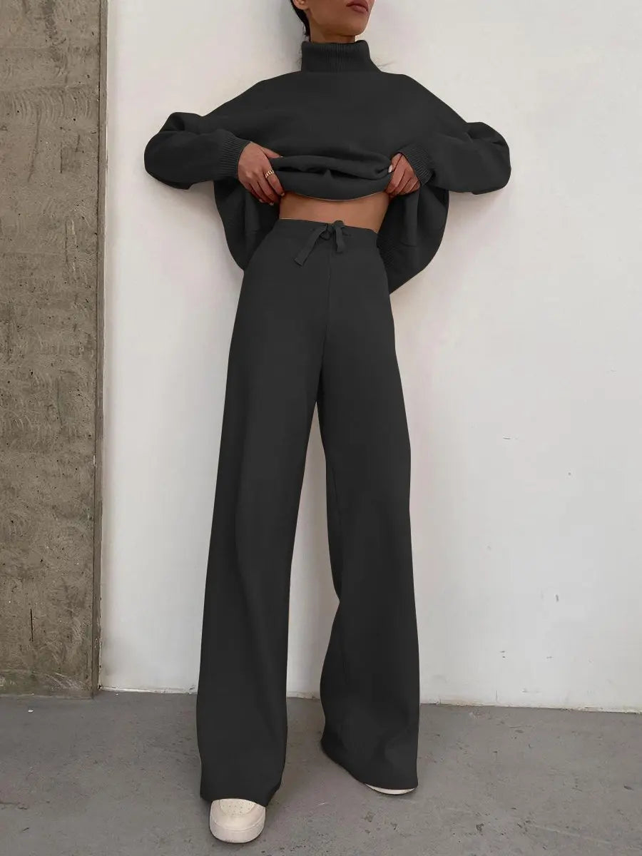 Women Tracksuit Two Pieces Set Long Sleeve Turtleneck Pullover Solid Color Hoodies Wide Leg Pants Drawstring Autumn Casual 2023 Aviola