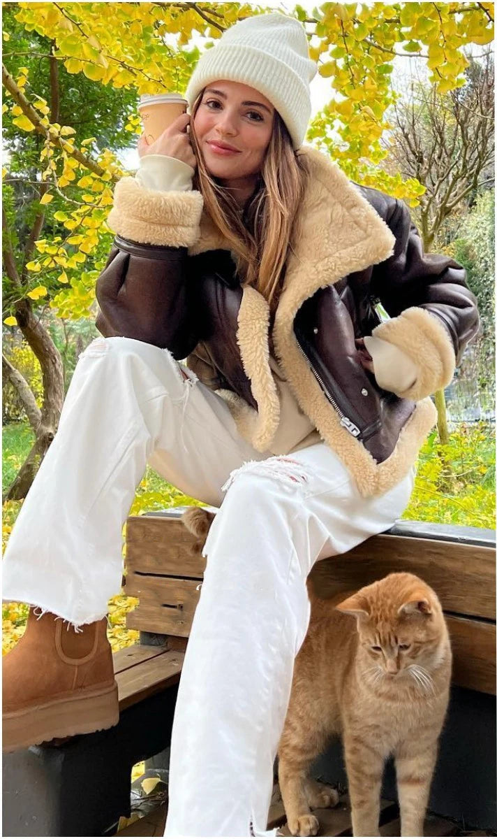 RARF 2025 New Autumn Winter Women Faux Lamb Fur Short Jacket Vintage Female Moto Biker Zipper Thick Warm Coat Fleece Outwear Aviola