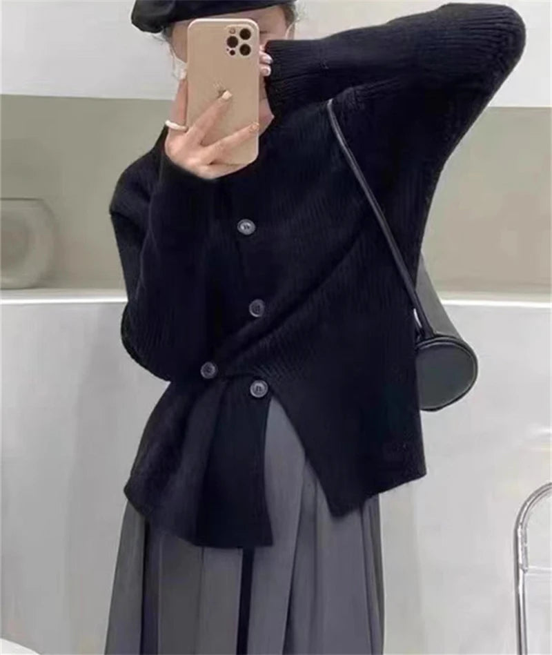 MEXZT Irregular Knitted Cardigan Women Elegant Black Sweater Coat Korean Fashion Slim Knitwear Winter Ladies Basic Chic Jumpers Aviola