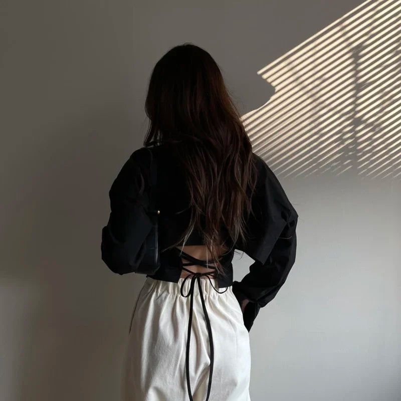 MEXZT Korean Long Sleeve Shirt Women Sexy Strap Backless Chic Blouse Office Lady Slim Lace Up Turn Down Collar Casual Top Aviola