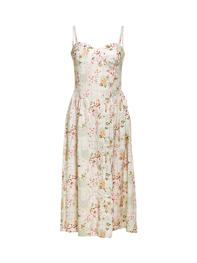 Nibber Backless Flower Print Dress Women Summer Trend Square Collar Sleeveless Sweet Style Vacation Beach Party Long Bodycon Aviola