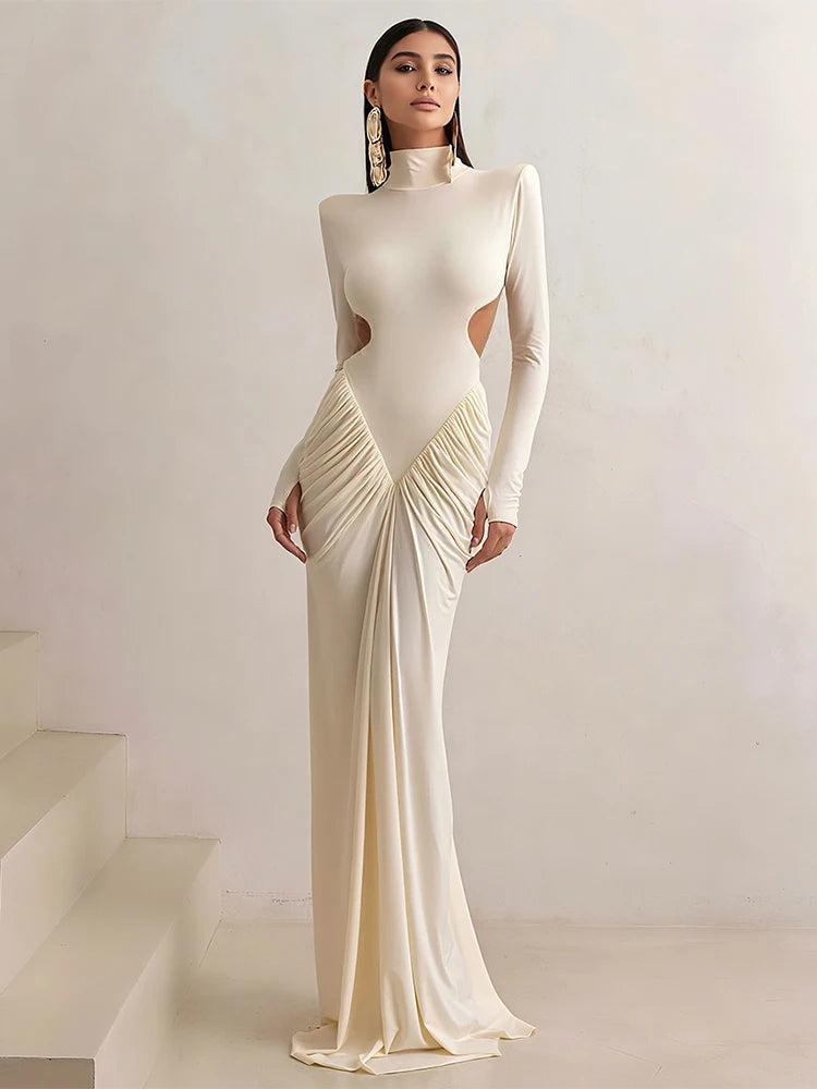 Nibber Backless Maxi Dress Women High Neck Long Sleeves Waistless Peach Buttocks Folds Shoulder Pads Elegant Banquet Vestidos Aviola