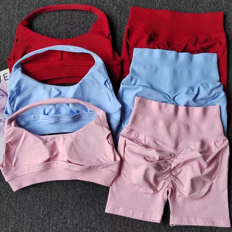 2 Pieces Yoga Suit for Women Seamless Fitness Gym Clothes Halter Sports Bra Matching Impact Shorts Workout Sets Gym Outfit Aviola