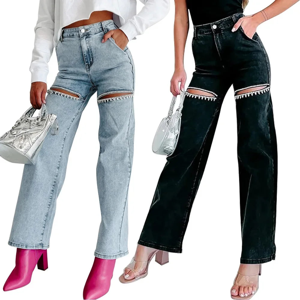 Denim Jeans for Women Streetwear Straight Pants Hole Diamonds Mid Waist Washed Distressed 2025 Casual Mom Ankle Length Trousers Aviola