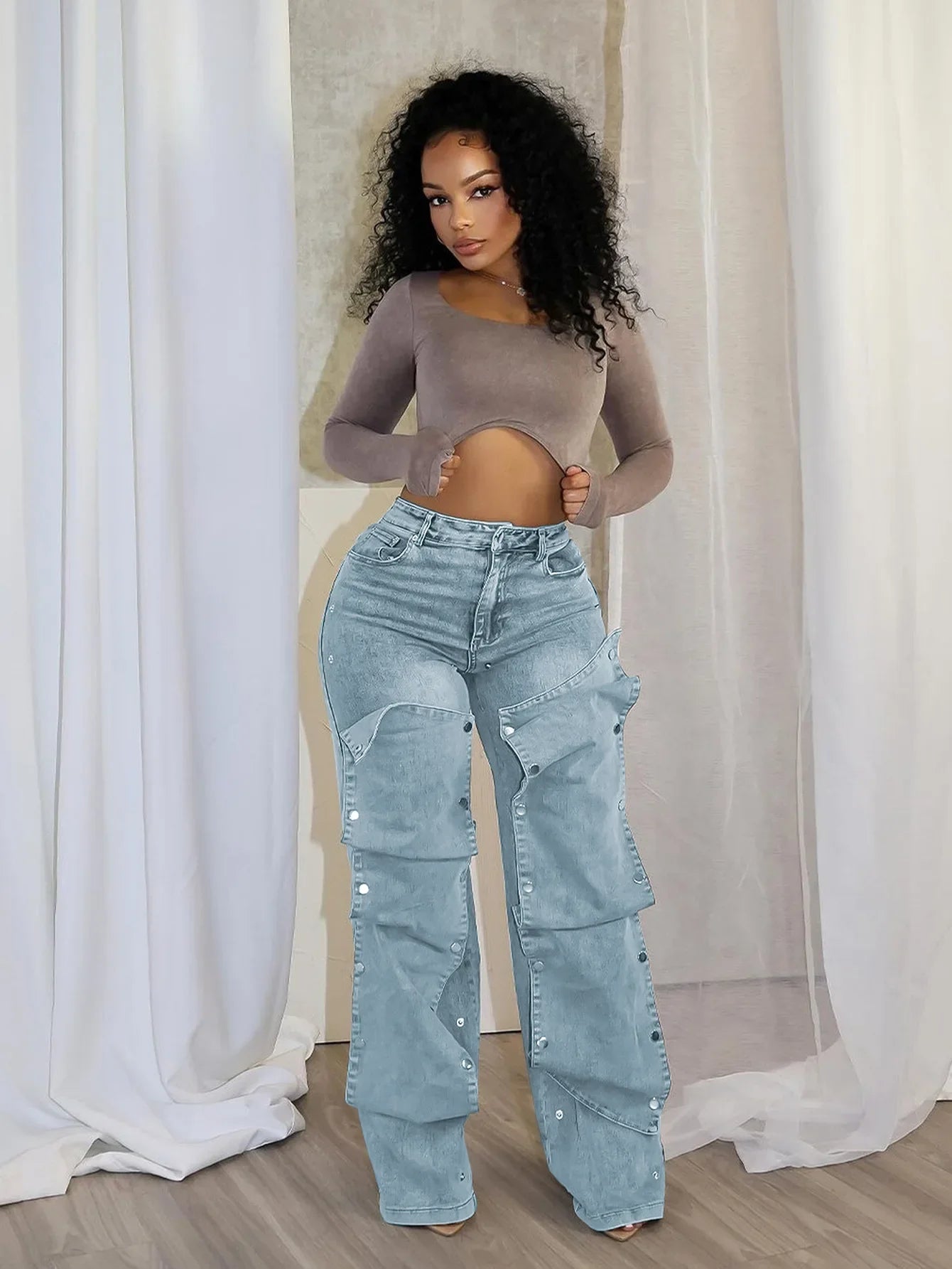 Jeans Denim Pants Women Straight Button Pockets High Waist Mom Floor Length Washed Distressed Strech Trousers 2025 Streetwear Aviola