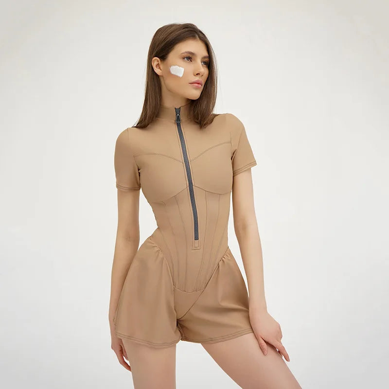 Sexy Tight Skirt jumpsuit Spring/Summer New Women's Round Neck Short Sleeve Zipper Bottom Shirt Aviola
