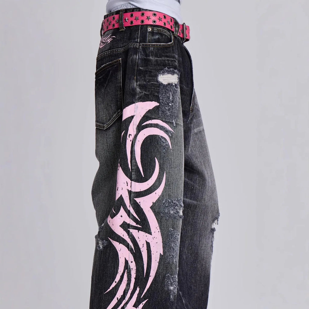 Denim Pant Women Jeans Wide Leg Long Pants Hole High Waist Straight Trousers Y2k Streetwear Print Mom Jeans Casual Loose 2025 Aviola