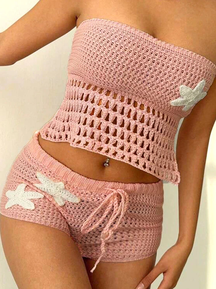 Nibber Summer Crochet Women 2 Piece Set Sexy Applique Hollow Beach Back Bandage Strapless Tops+Shorts Midnight Vacation Clubwear Aviola
