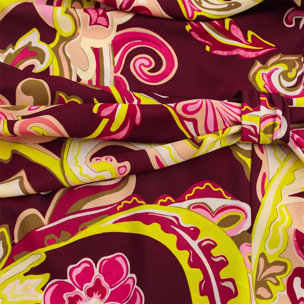 Gorgeous Burgundy Paisley Print Women Dress with Long Bell Sleeves and Belted Waist from BM&MD&ZA 2025 Collection Aviola