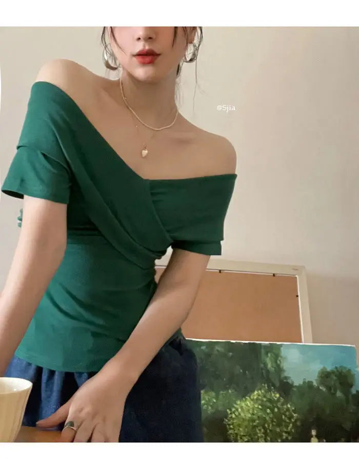 MEXZT Vintage Slash Neck T Shirts Women Streetwear Sexy Cross White Crop Tops Summer Korean Elegant Short Sleeve Design Tees New Aviola