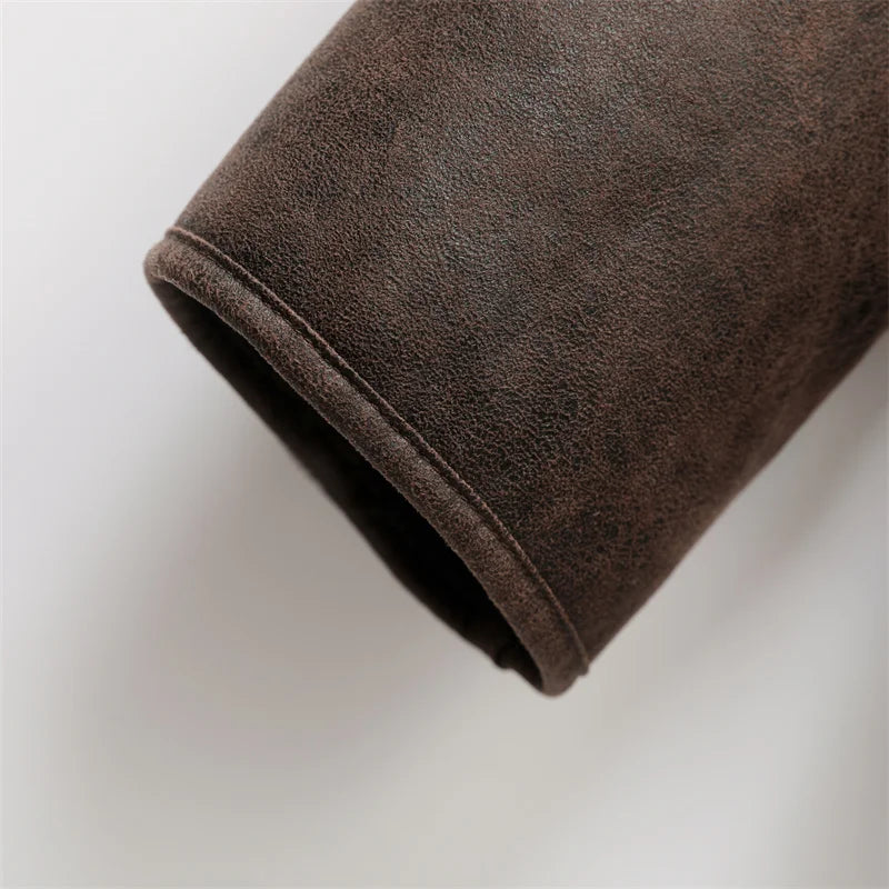 RARF 2025 Women's new thick jacket Vintage lapel leather jacket single breasted pocket street warm jacket Aviola