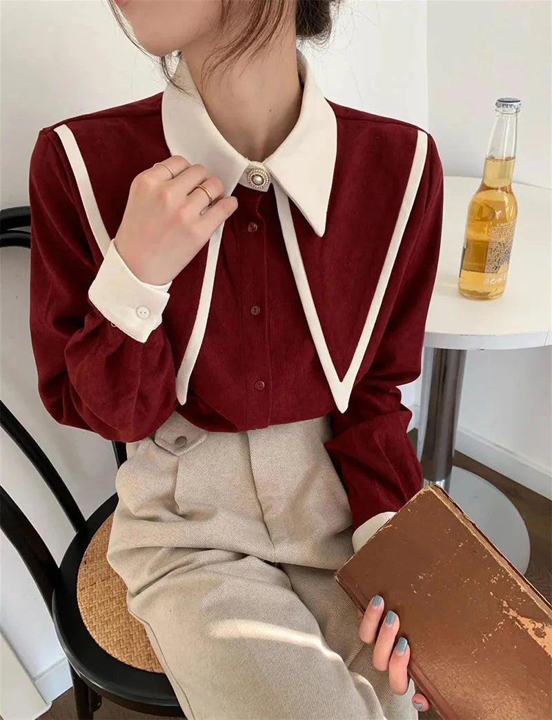 MEXZT Vintage Elegant Shirts Women Chiffon Patchwork Ruffle Turn Down Collar Long Sleeve Blouse Korean Office Lady Loose Tops Aviola