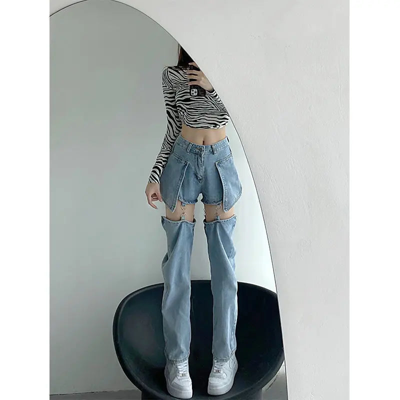 Denim Pant Women Jeans Wide Leg Long Pants Hole Two Fakes High Waist Straight Trousers Y2k Streetwear Elegant Work Summer Aviola