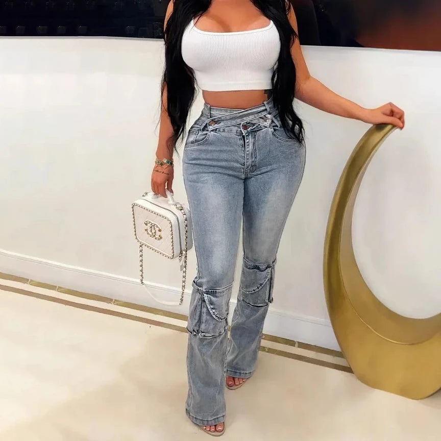 Jeans Women Denim Straight Pants Streetwear Mom Full Length High Waist Multiple Pockets Distressed Washed 2025 Vintage Trousers Aviola
