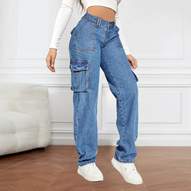 Denim Pant Women Mom Jeans Long Pants Mid Waist Straight Trousers Y2k Streetwear Elegant Splice Slim Fit Work Pocket Casual Aviola