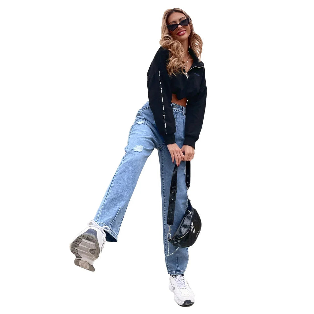 Distressed Women Jean Straight Pants High Waist Ankle Length Jeans Ripped Loose Fit Basics Washed Denim Pants Hole Autumn Aviola