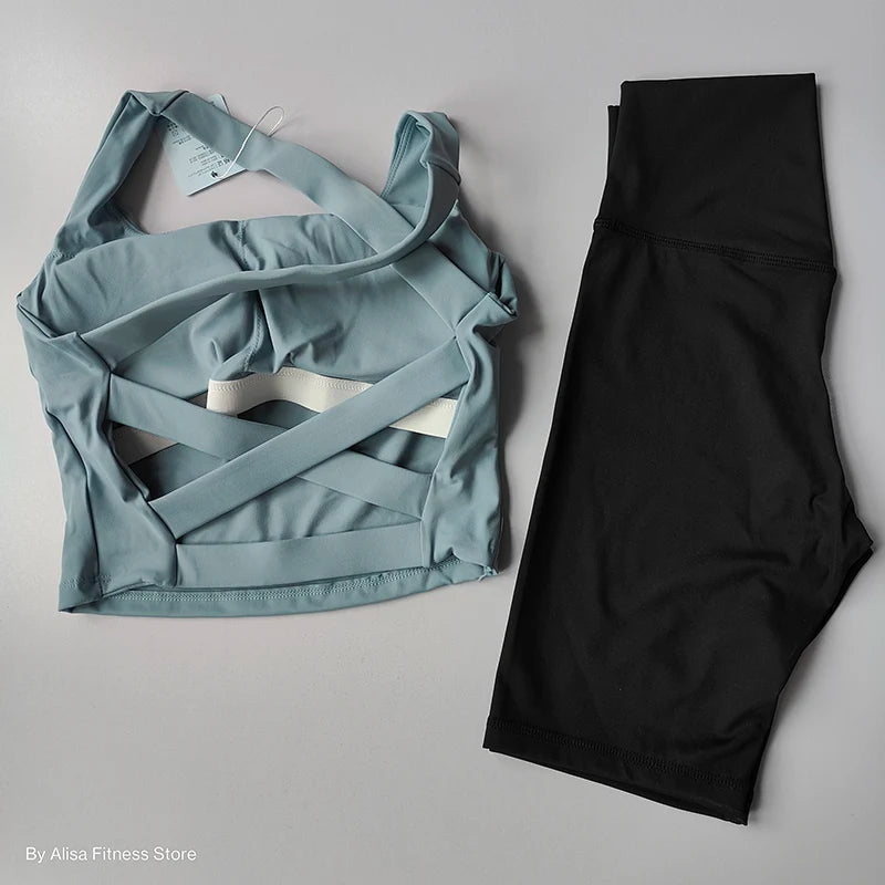 2PCS  Women Yoga Set Workout Sports Bra Set Sportswear Gym Clothing Fitness Long Sleeve Crop Top High Waist Shorts Sports Suits Aviola