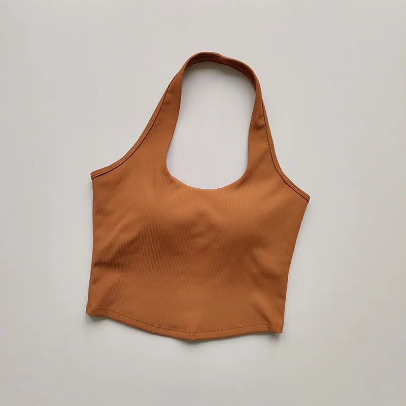2023 Summer Sexy Sports Bra Rib Sport Top Underwear Women's Running Gathered Bra Hanging Neck Fitness Vest Fixed Padded Yoga Bra Aviola