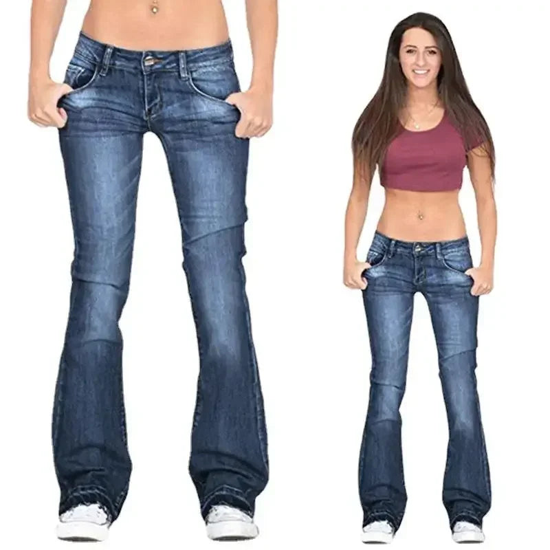Strecth Jeans Washed Mid Waist Denim Flare Pants Women Streetwear Floor Length Pockets Denims Autumn Female Vintage Trousers Aviola