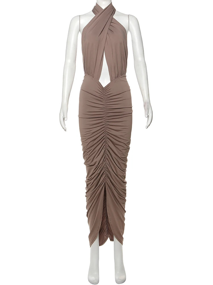 Nibber Ruffles Sexy Backless Women Dress Fashion Peach Buttocks Sleeveless Stretch Summer Midnight Cross Halter Maxi Bodycon Aviola