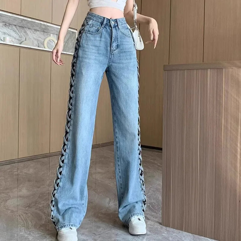 Women Casual Mom Jeans Hollow Out High Waist Trousers Button Zipper Wide Leg Pant Office Lady Loose Spring Club Y2k Streetwear Aviola