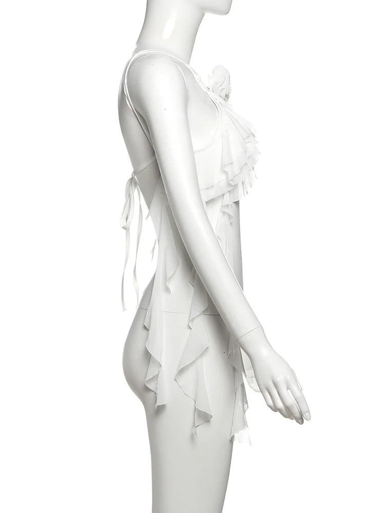 Nibber Tassel Camisole Women Mesh 3d Flowers Tierred Lace-Up Cross Sleeveless Backless Sexy Midnight Summer Coquette Mini Tops Aviola