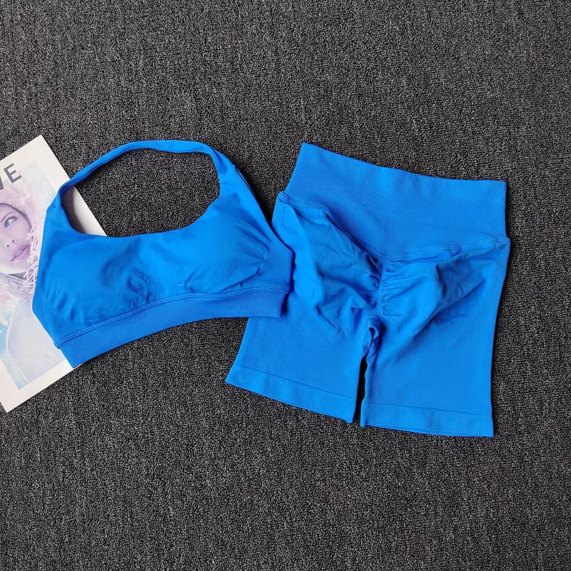 2 Pieces Yoga Suit for Women Seamless Fitness Gym Clothes Halter Sports Bra Matching Impact Shorts Workout Sets Gym Outfit Aviola