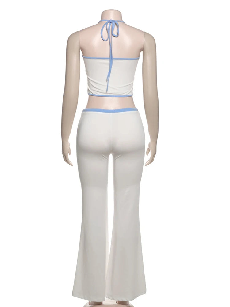 Nibber Fad Casual Letter Print 2 Piece Set Women Halter Bandage Crop Tops+Drawstring Stretch Flare Pants Vacation Simple Suits Aviola