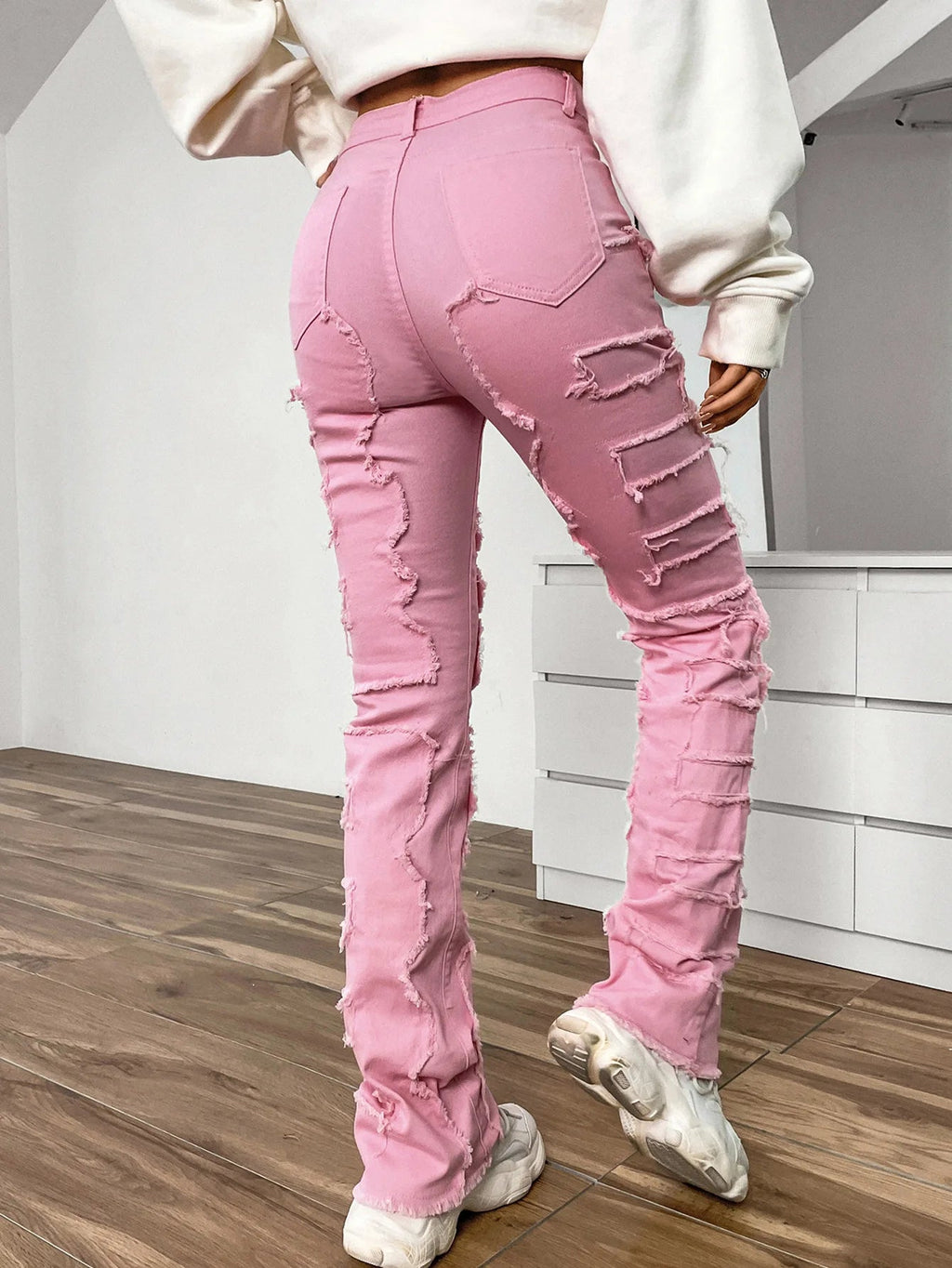 Women Jeans Denim Straight Pants Spliced Patchwork High Street Slim Fit Pockets Mid Waist Washing Zipper Slight Srech 2024 Aviola
