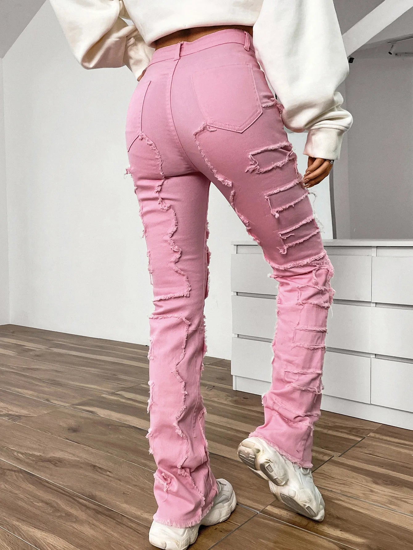 Women Jeans Denim Straight Pants Spliced Patchwork High Street Slim Fit Pockets Mid Waist Washing Zipper Slight Srech 2024 Aviola