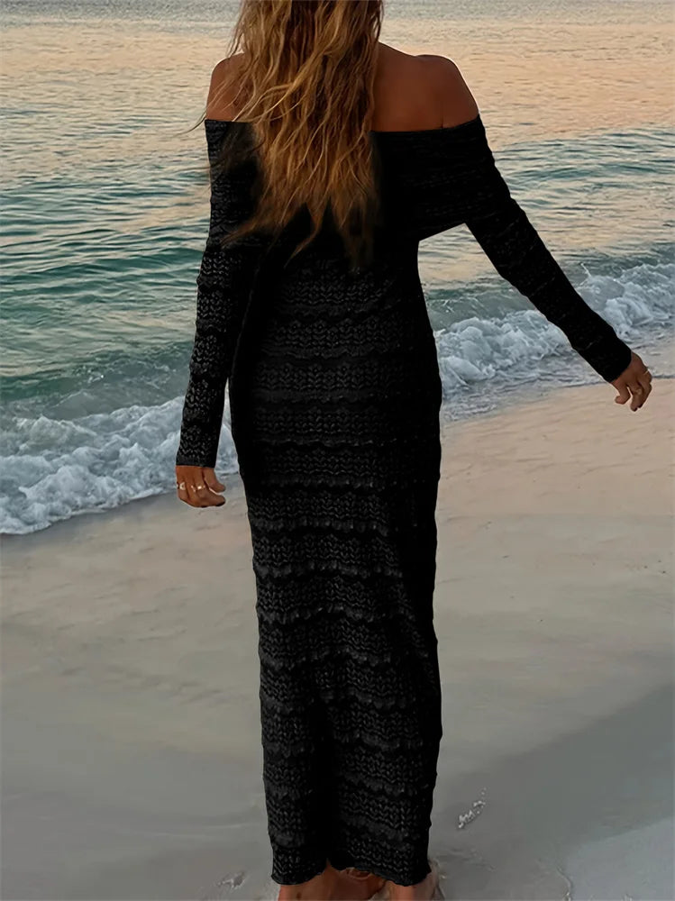 Nibber See Through Vacation Dress Women Jacquard Lapel Slash Neck Backless Full Sleeve Beach Party Elegant Chic Long Bodycon Aviola