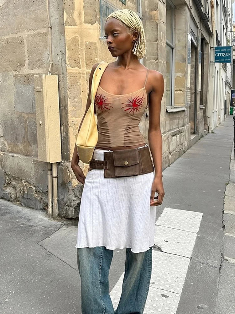 Nibber See through Women Camisole Sun Print Y2K Summer Fashion Low-Neck Coquette Midnight Party Club Wild Basic Street Slim Tees Aviola