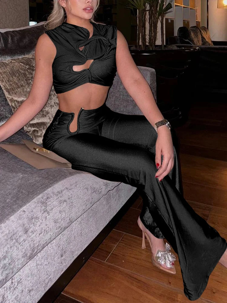 Nibber Solid Stunning Matching 2 Piece Set Women Simple Sliky Shape Mini Tanks+Shirring Pants Female Trend Sexy Street Suits Aviola