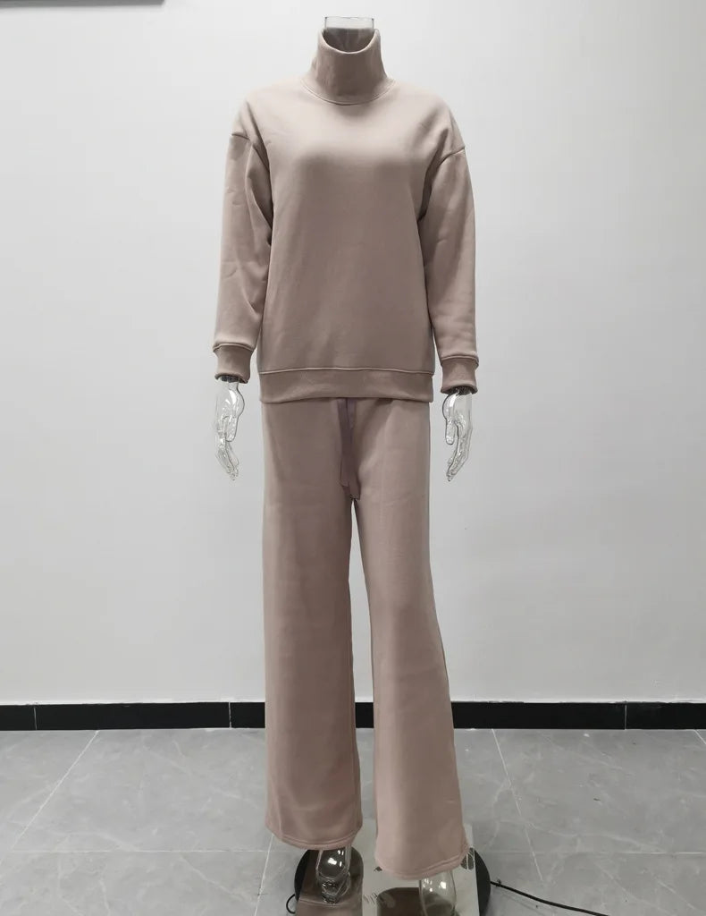 Women Tracksuit Two Pieces Set Long Sleeve Turtleneck Pullover Solid Color Hoodies Wide Leg Pants Drawstring Autumn Casual 2023 Aviola