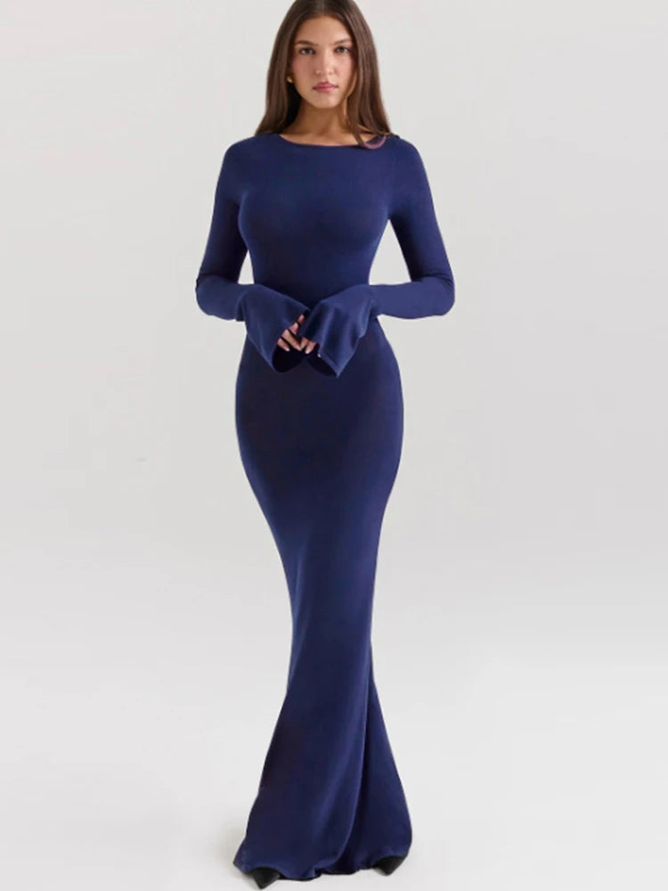 Nibber Elegant Backless Hollow Women Dress Irregular Autumn o-Neck Flare Sleeve Skinny Stretch Robe Casual Simple Long Bodycon Aviola