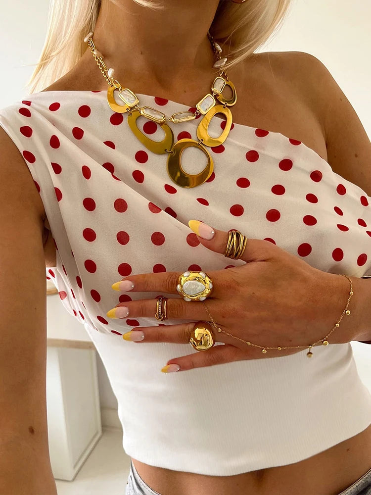 Nibber Daily Skew Collar Off Shoulder T-Shirt Women Polka Dots Print Summer Trend Backless Street Fashion Trend Ruched Crop Tops Aviola
