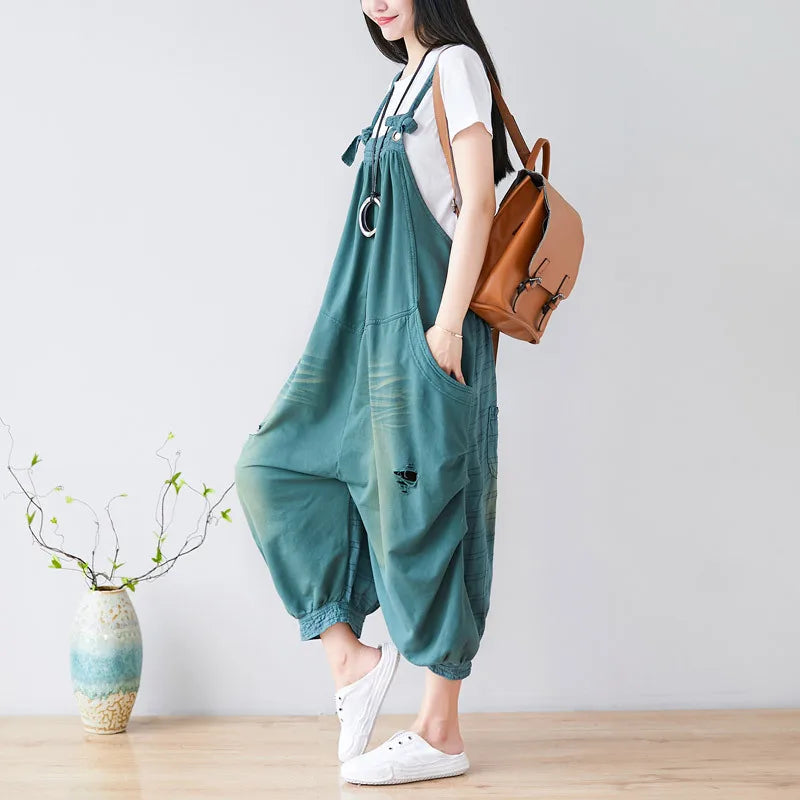 Jumpsuits Women Denim One Piece Suspenders Mom Jeans Overalls Hole Wide Leg Long Pants High Waist Work Y2k Streetwear Rompers Aviola