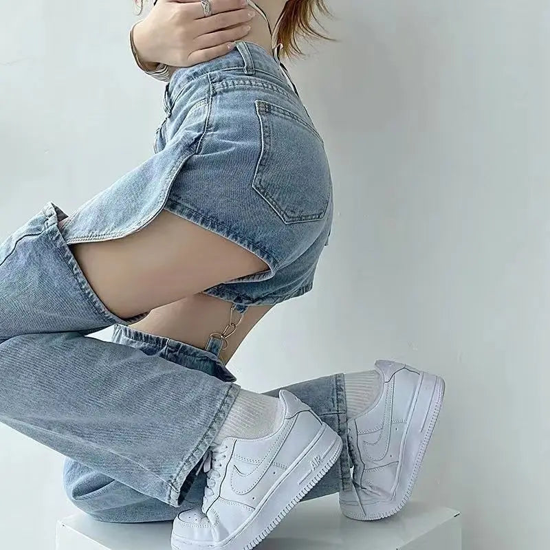 Denim Pant Women Jeans Wide Leg Long Pants Hole Two Fakes High Waist Straight Trousers Y2k Streetwear Elegant Work Summer Aviola