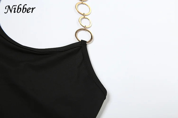 Nibber Metal Buckle 2 Piece Set Women Summer Halter Irregular Classic Tops+Skirts Skinny Solid Midnight Party Matching Suits Aviola