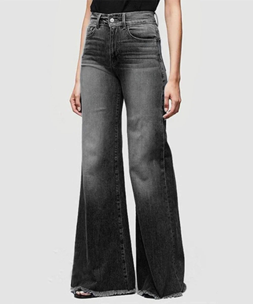 Women Washed Jeans Flare Pants Denim Mid Waist Vintage Denims Pockets Button Basics Full Length Solid Color Casual Trousers Aviola