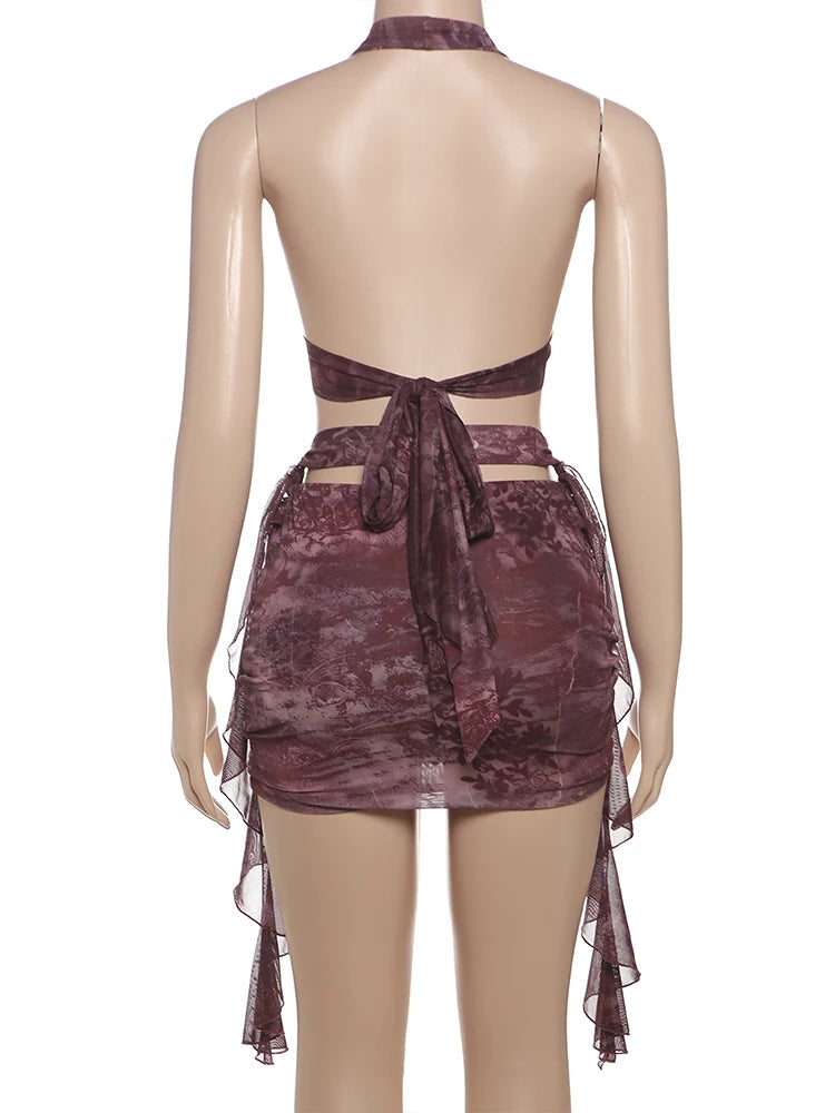 Nibber Summer Dress Women Backless Tassel Sexy Cross Metal Rings Halter Lace-Up Pleated Waistless Midnight Party Mini Bodycon Aviola