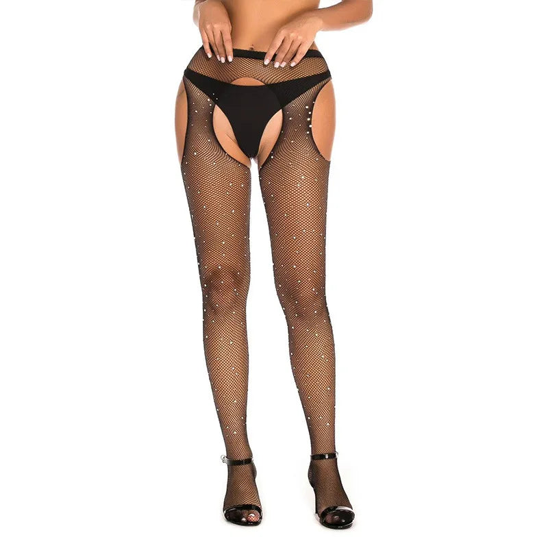 Erotic Crotchless Lingerie Women Black Stockings With Belt Set High Fishnet Sexy Tights Floral Print Pantyhose Mesh Long Tights Aviola