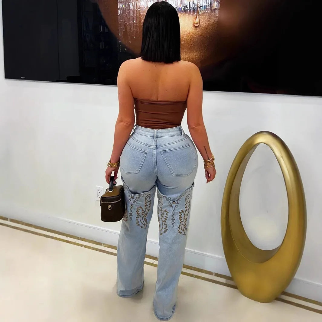 Denim Pant Women Jeans Wide Leg Long Pants High Waist Straight Trousers Y2k Streetwear Embroidery Splice Mom Jeans Party Club Aviola