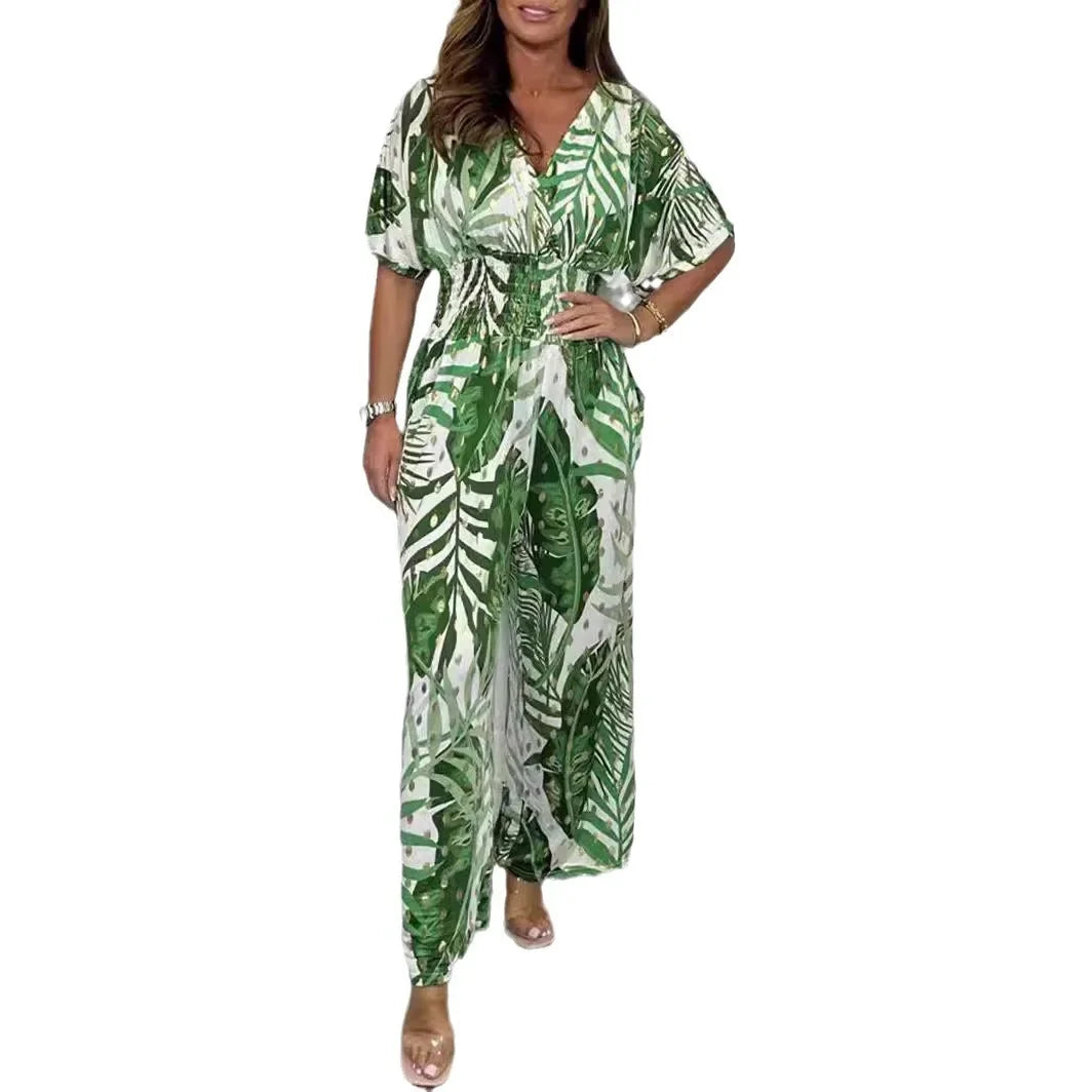 Rompers Women V Neck Jumpsuits Ankle Length Wide Leg Pants Print Pullover One Piece Y2k Streetwear Loose Casual Pockets Aviola