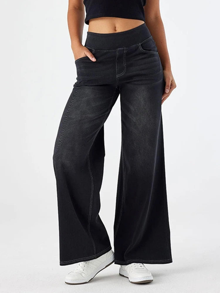 Women Jeans Denim Pant Wide Leg Long Pants Y2k Streetwear Elastic Waist Straight Trousers Elegant Mom Jeans Temperament Casual Aviola
