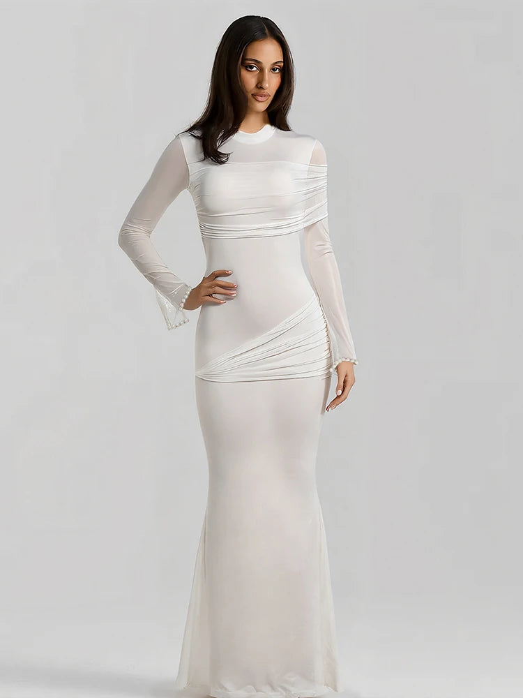 Nibber o-Neck Maxi Dress Women Mesh Long Sleeves Folds Elegant Temperament Autumn Trend Skinny Solid Banquet Simple Vestidos Aviola