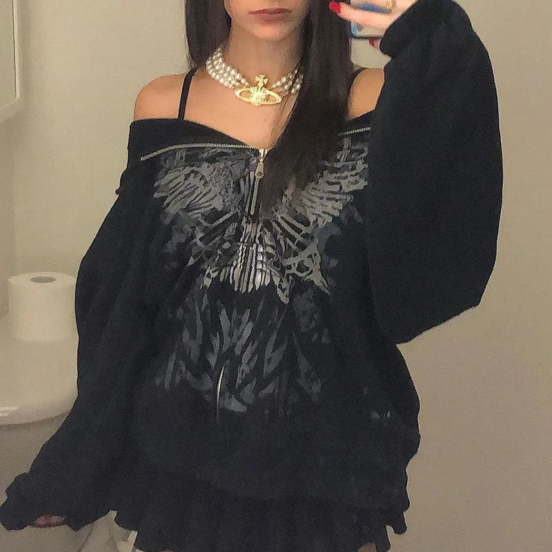 Dark personality printed hoodie female American 2024 new black hooded zipper coat loose casual top Aviola